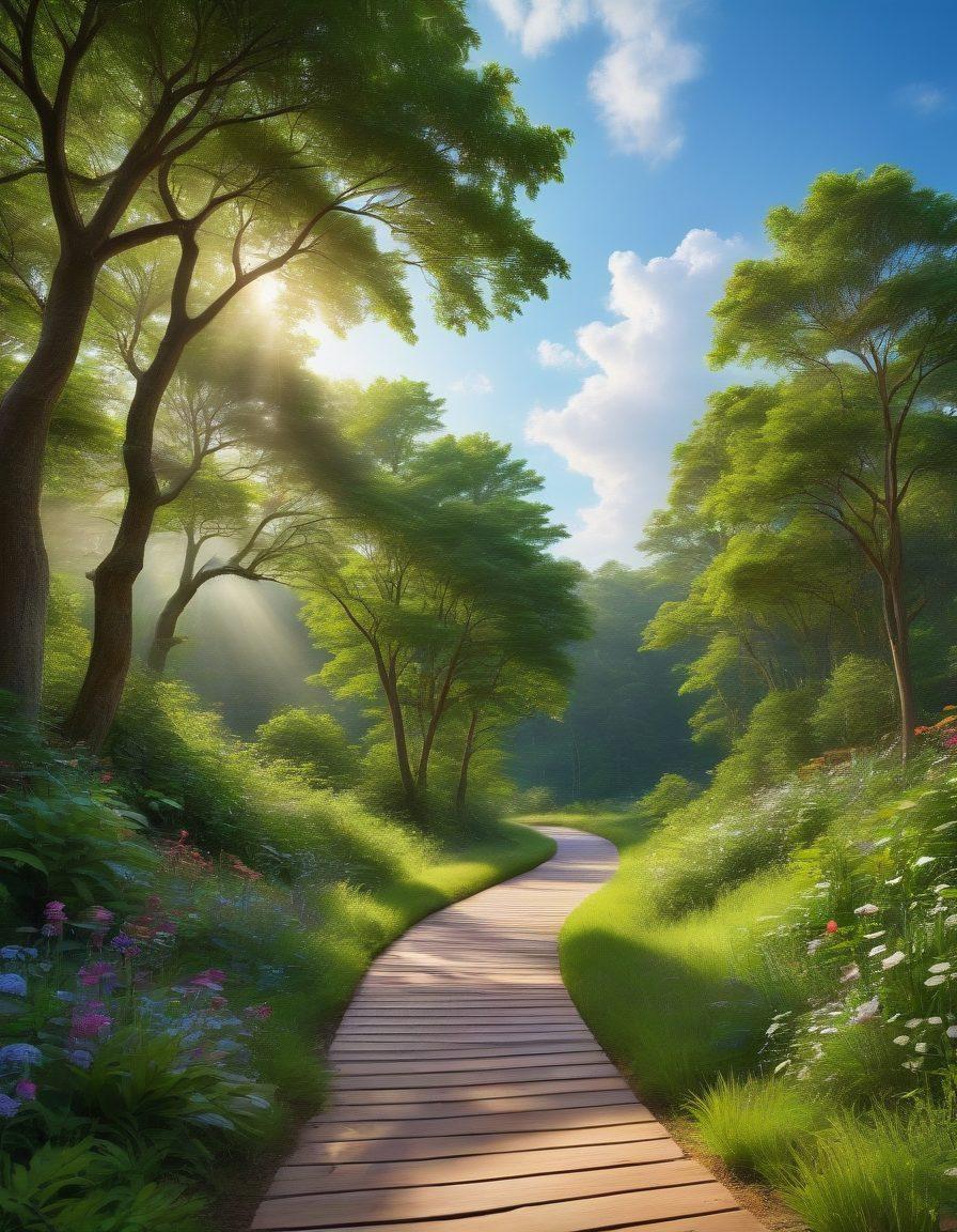 A serene landscape featuring a winding path through a lush green forest, with signs pointing to various health services and physicians, symbolizing the journey to wellness. Include diverse individuals happily engaging in healthy activities along the path, with bright, uplifting colors portraying a sense of hope and vitality. The sky should be clear and bright, enhancing the feeling of discovery. super-realistic. vibrant colors. peaceful atmosphere.