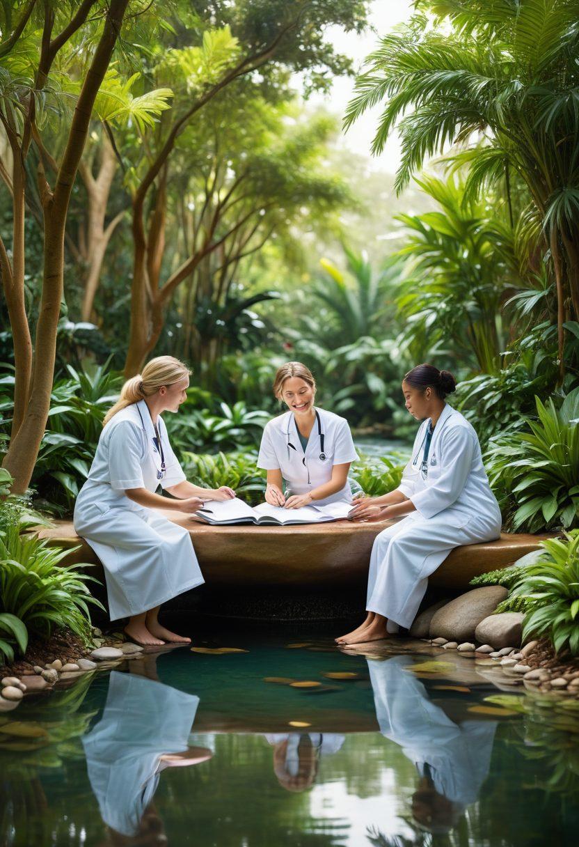 A serene landscape featuring a diverse group of health professionals in a tranquil environment, engaged in meaningful discussions with patients. Lush greenery and calming water elements in the background symbolize holistic well-being. Incorporate symbols of health like stethoscopes and wellness books, creating a sense of connection and expertise. The scene should radiate positivity and trust. super-realistic. vibrant colors. soft focus.